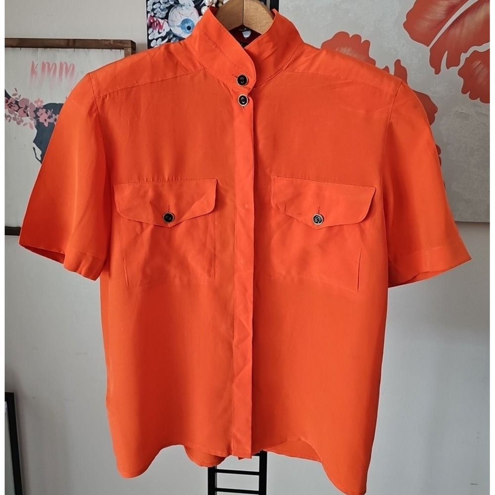 LOUIS FERAUD SET Short Sleeve Orange Silk Mock Neck Button Shirt w/ Pockets 6 US